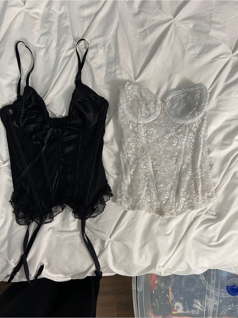 Set of Two White and Black Lace Corset Tops - Women's Strappy Bustier